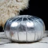 Silver Moroccan Leather Pouf – Handmade Metallic Ottoman Footstool | Darkich