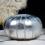 Silver Moroccan Leather Pouf – Handmade Metallic Ottoman Footstool