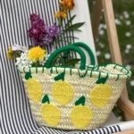Handmade Straw Basket Bag with Lemon Embroidery