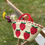 Handwoven Moroccan Straw Basket with Strawberry Embroidery