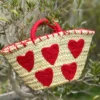 Handmade straw basket bag with red heart embroidery – women’s summer bag – Darkich