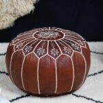 Brown Moroccan Leather Pouf Ottoman – Handmade Embroidered Footstool