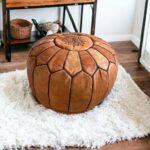 Handmade Moroccan Leather Pouf – Light Tan Ottoman | Authentic Boho Decor, Hand-Embroidered Footstool