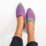 Handmade Moroccan Raffia Slippers for Women – Purple & Green Pointed Babouche Shoes