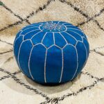 Handmade Blue Moroccan Leather Pouf – Authentic Ottoman | Boho Decor, Hand-Stitched Round Footstool